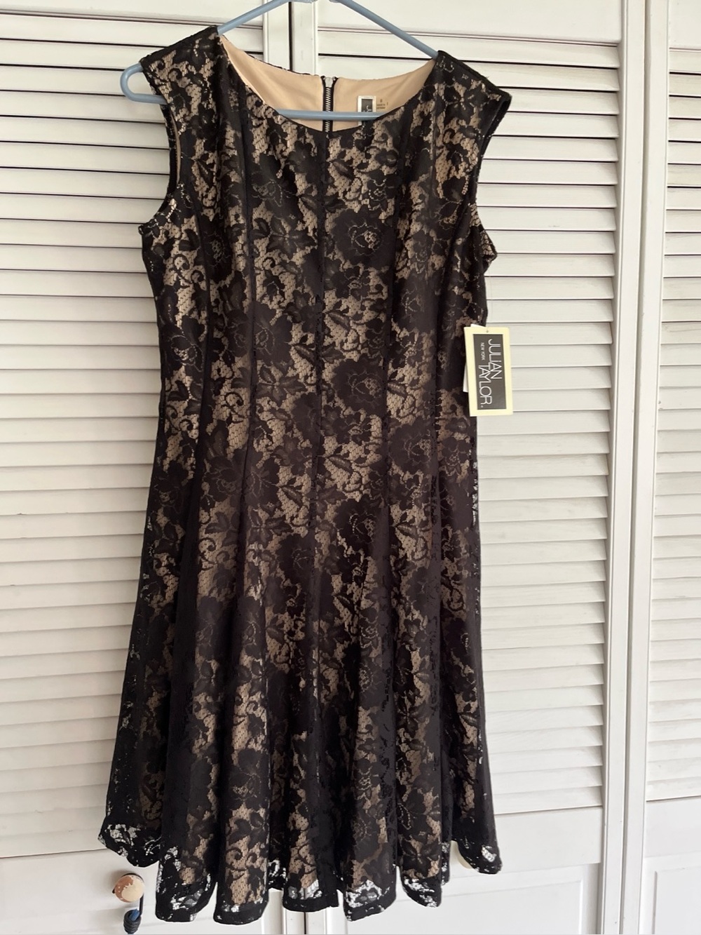 Julian Taylor Black Lace Dress with Nude Underlay. Size 8